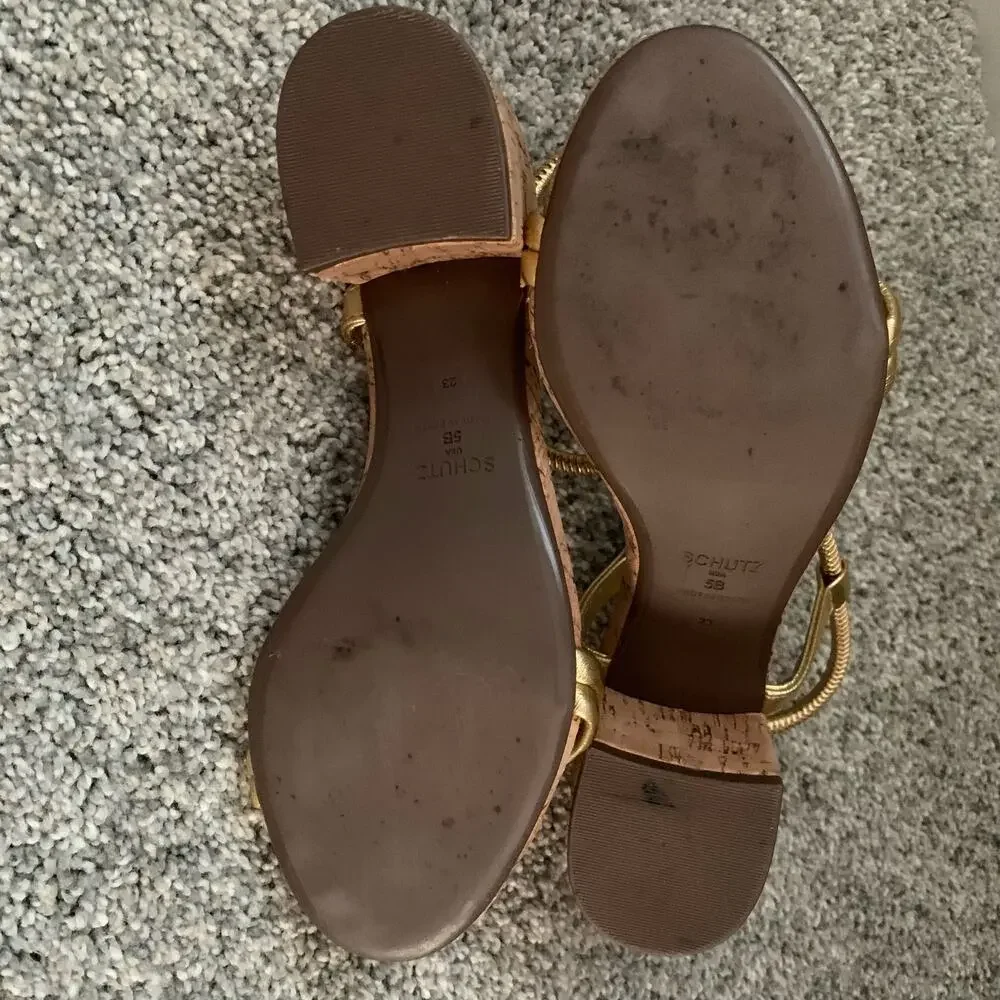 Schutz Gimenez Evereve Leather Sandals w/ Cork Heel - Size 5 - EUC - Picture 15 of 16